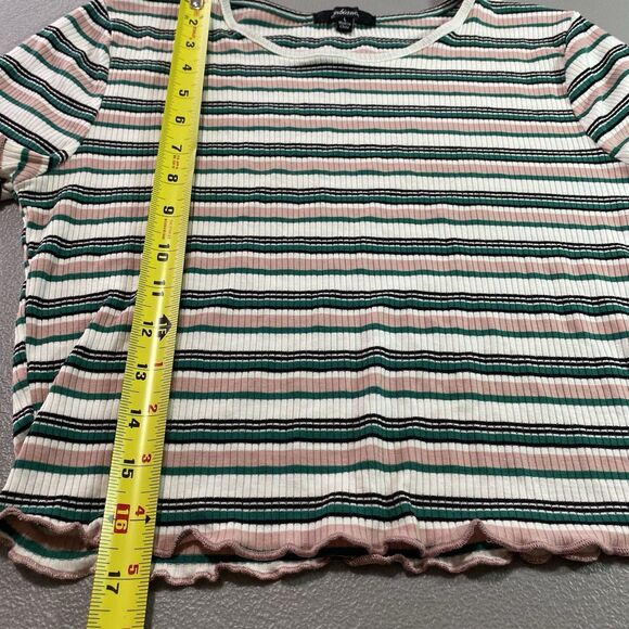 AMBIANCE Cropped Top Striped Ribbed Round Neck Lettuce Edge Short Sleeve L Boho - Picture 6 of 8